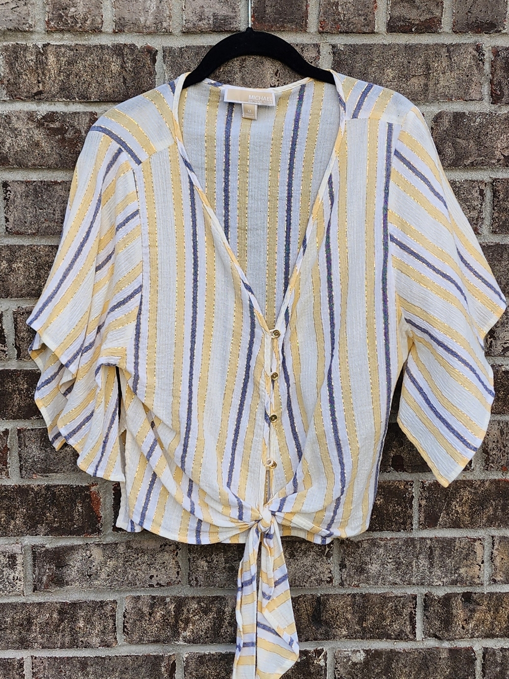 MICHAEL Michael Kors Yellow Stripe Tie-Front Women's Top